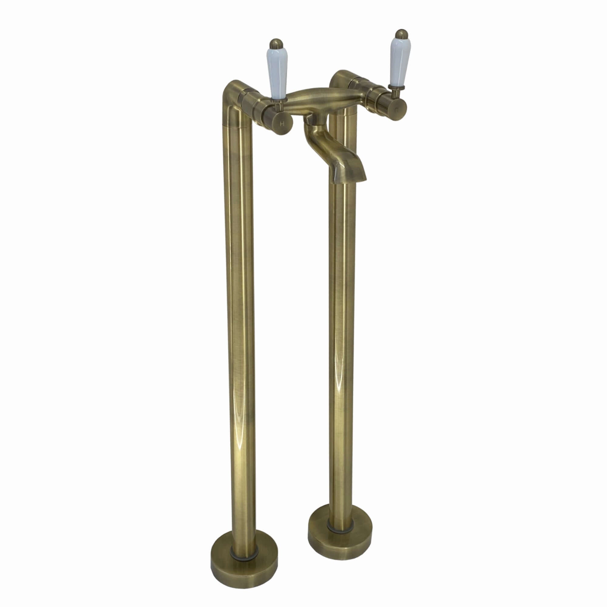 Buy Downton floorstanding bath mixer tap with white ceramic levers - antique brass Online UK | HOUSE OF ENKI